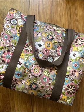 LeSportsac Brown Floral Tote with Pink, Blue & Yellow Accents
